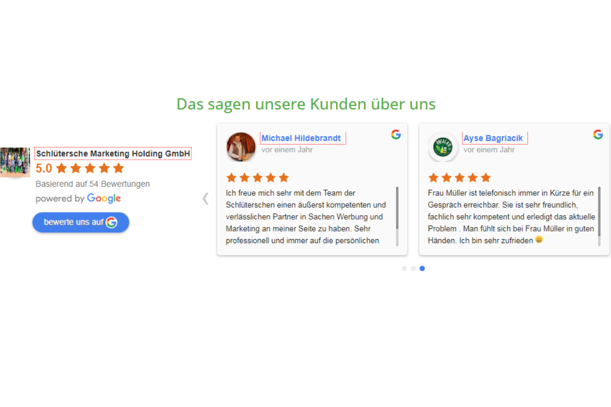 Google Bewertungs Widget Schlütersche Marketing Webseite