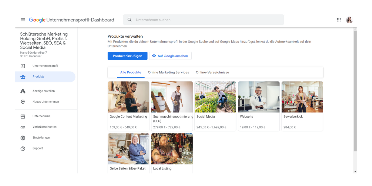 Google Business Profil über den Desktop verwalten, hier die Schaltfläche „Produkte bearbeiten“
